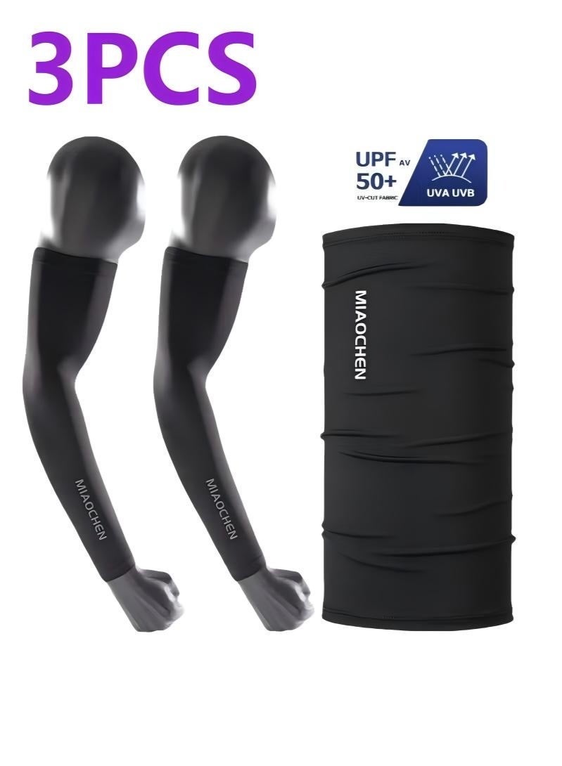 Miaochen Ultra-thin anti-ultraviolet arm sleeve sunscreen mask PDF50+ men's  ice silk sleeve outdoor sports sunscreen 2-piece set black（L size） - Image 1
